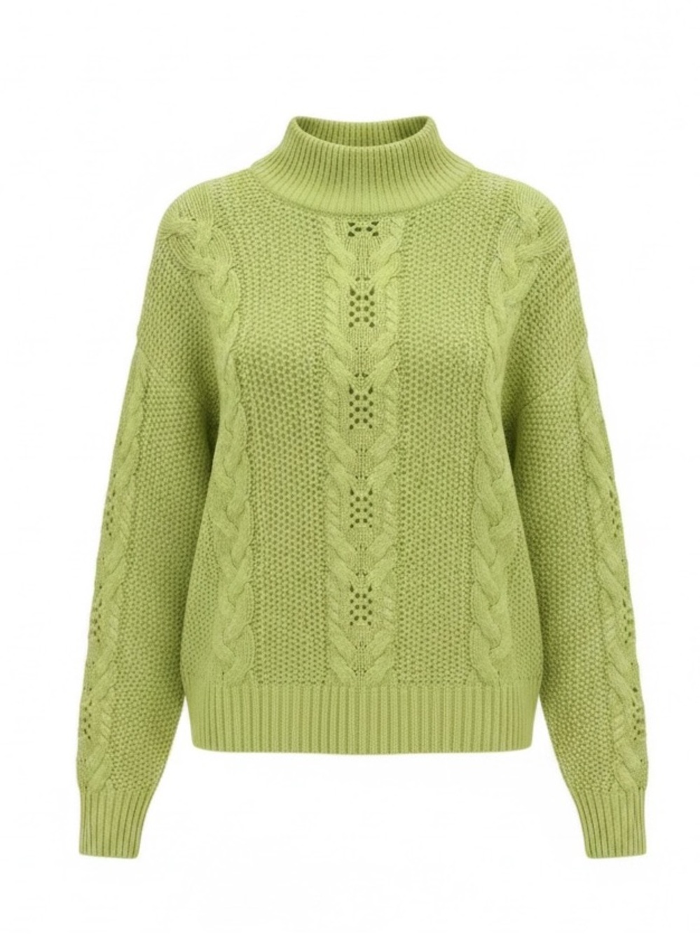 Vero Moda Lime Green Cable Knit Mock Neck Sweater Pointelle Pullover Women Large